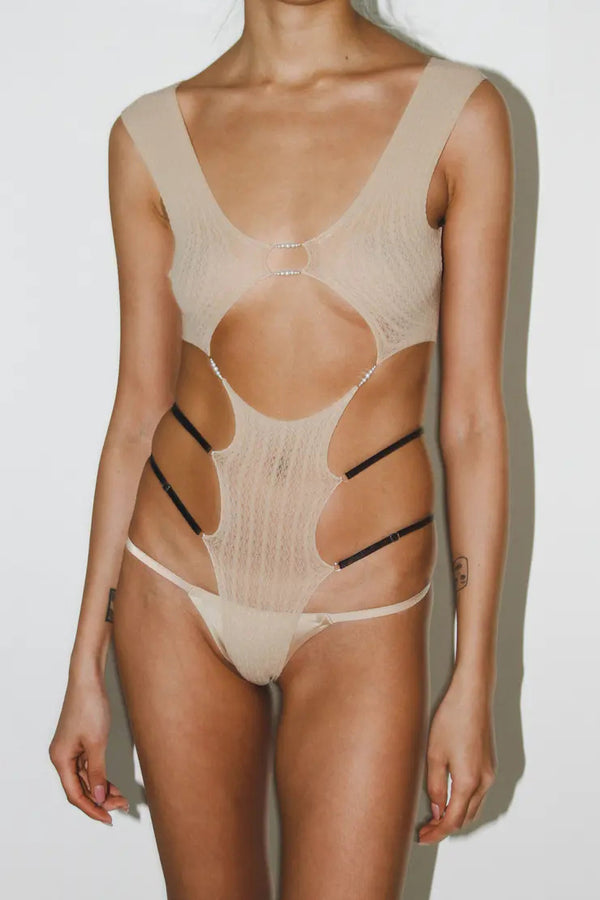 Rui Zhou Semi-transparent Strap Bodysuit Series RUI-RAW23SF02-YANMAI Oatmeal